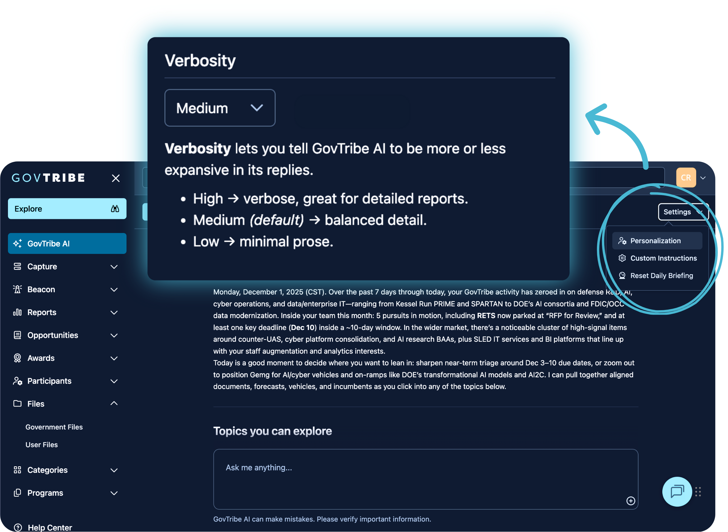 GovTribe AI Verbosity Settings