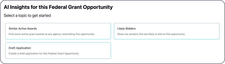 AI Insights for this Federal Grant Opportunity. Select a topic to get started. Similar Active Awards. Likely Bidders. Draft Application.