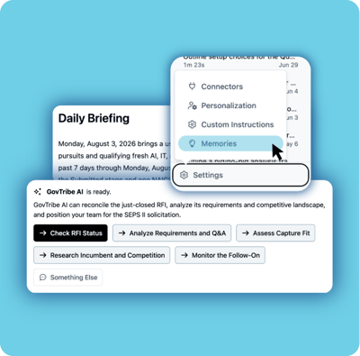 GovTribe AI memories showing saved preferences, qualification rules, and working context