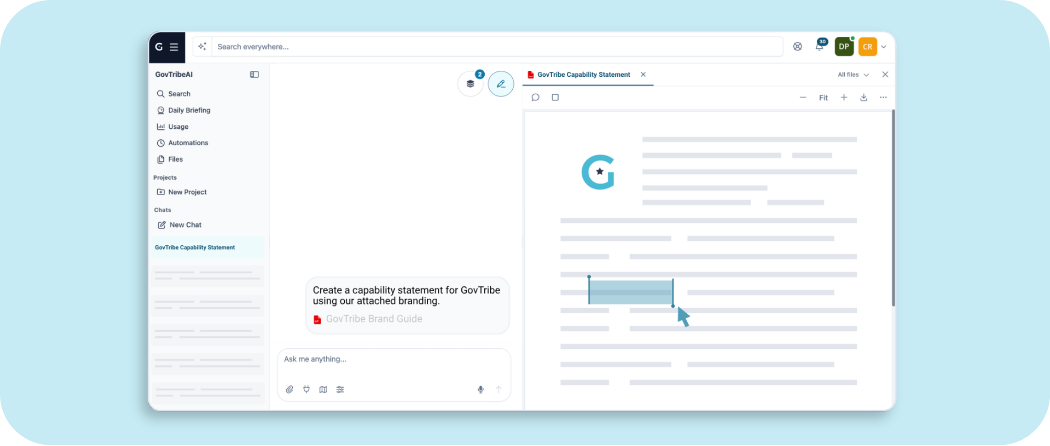 GovTribe AI chat alongside an editable capability statement