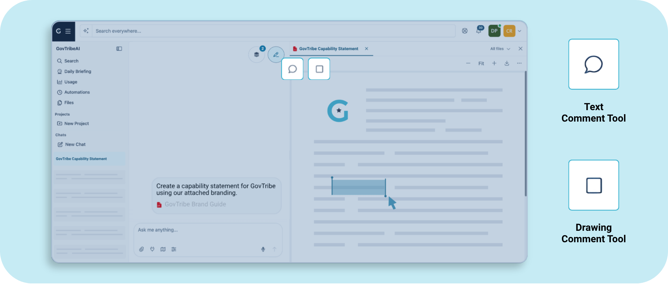 GovTribe AI document editing tools for text and visual comments