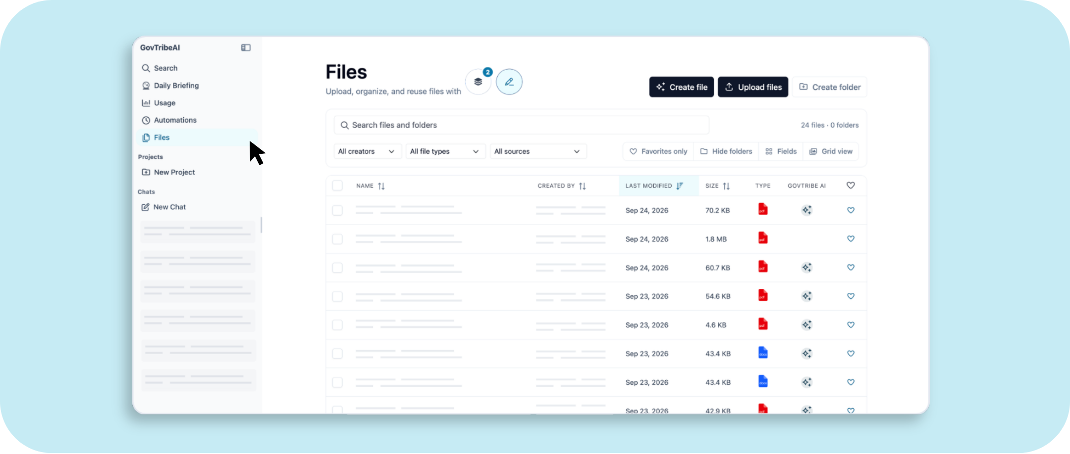 GovTribe AI Files tab with search and file organization
