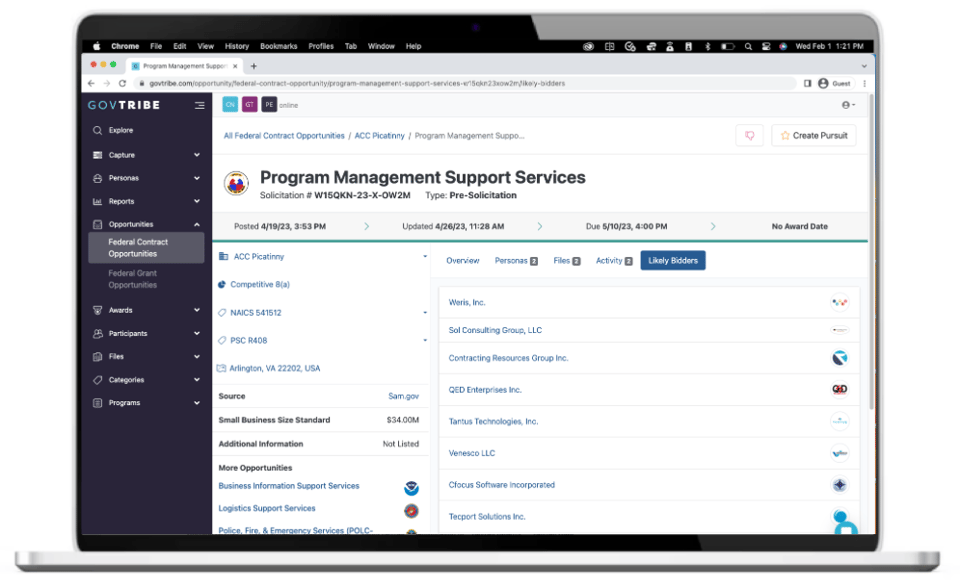 Screenshot of Likely Bidders for Program Management Support Services